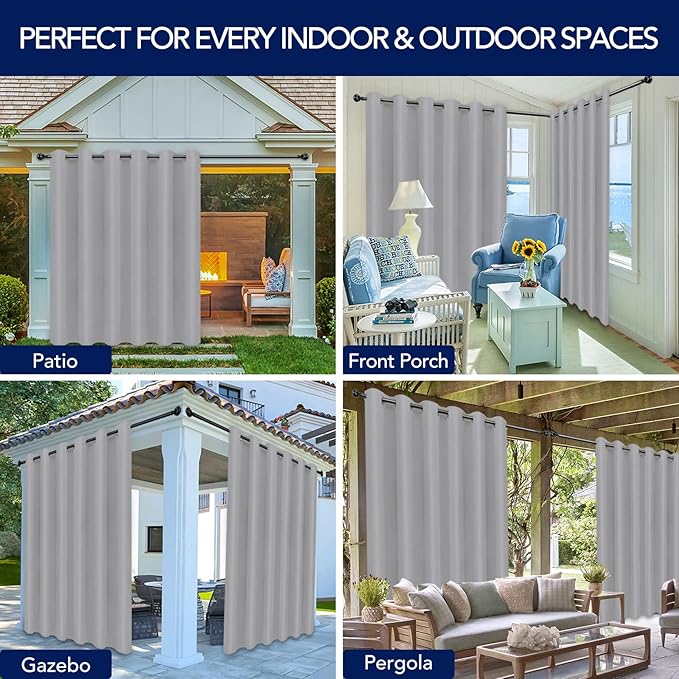 PureFit Outdoor Curtains for Patio Waterproof Weatherproof, UV Resistant Outside Curtains for Gazebo, Front Porch, Pergola, Sun Blocking Privacy Curtain, 100W x 84L inch, 1 Panel, Light Gray PureFit