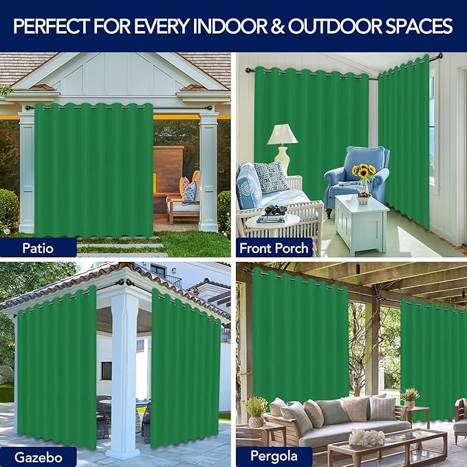 PureFit Outdoor Curtains for Patio Waterproof Weatherproof, UV Resistant Outside Curtains for Gazebo, Front Porch, Pergola, Sun Blocking Privacy Curtain, 120W x 108L inch, 1 Panel, Green PureFit