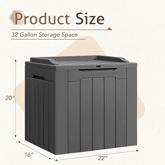 Flamaker Deck Box 31 Gallon Waterproof Resin Small Deck Box with Lid, Indoor Outdoor Package Delivery Box, Organization and Storage for Patio Furniture, Garden Tools, Outdoor Cushions (Grey) Flamaker