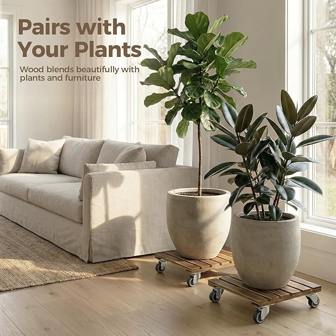 Bamworld Wood Plant Caddy with Wheels, 300lb Capacity, Heavy Duty Planter Stand with Wheels 12inch Plant Dolly 2 Pack Premium Quality, Ready to Use Bamworld
