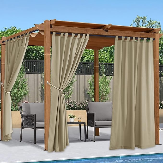NICETOWN Patio Curtains Outdoor Waterproof 84 inch Long 2 Panels=110" Wide, Tab Top Thermal Insulated Water Resistant Outdoor Drapes Keep Privacy for Pergola/Arbor, Taupe NICETOWN