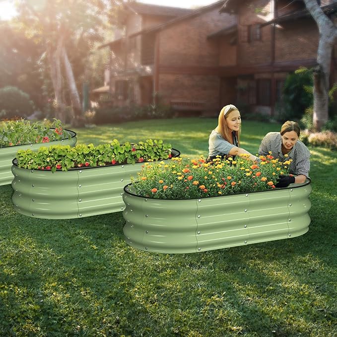 Raised Garden Bed Kit, 4x2x1 ft Galvanized Planter Box Outdoor with Safety Edging, Large Metal Raised Beds for Gardening Vegetables Flower Herb (Avocado Green) Winpull