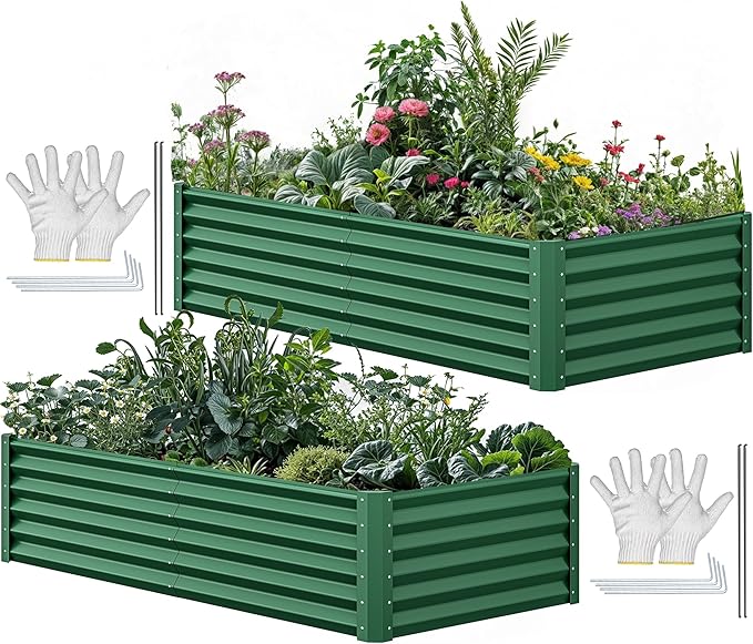 YITAHOME 72x36x18 in 2pcs Galvanized Raised Garden Bed Kit, Large Metal Planter Box with Gloves & Support Rod, Outdoor Flower Bed for Plants Vegetables, Green YITAHOME