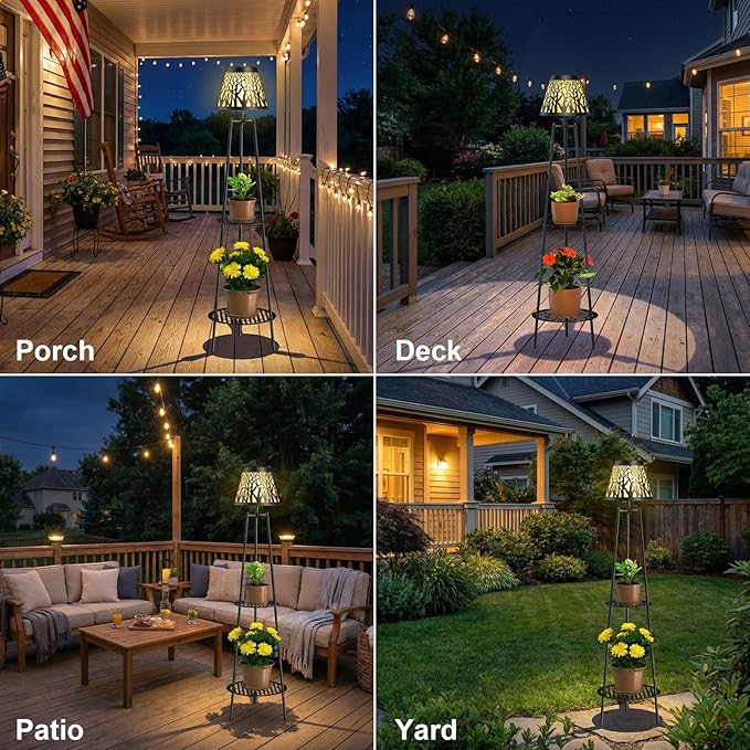 2 Pack 45.5'' Outdoor Floor Lamps with 2 Tier Plant Stand, Solar Powered Metal Waterproof Lights for Patio Deck Yard Garden Porch Decor VISFLAIR