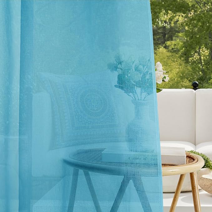 RYB HOME Waterproof Outdoor Curtains - Linen Like Translucent Breathable Sheer Curtains, Quick Dry Easy Slide Draperies for Backyard Patio Verandas, W 54" x L 84", 2 Pieces, Teal RYBHOME