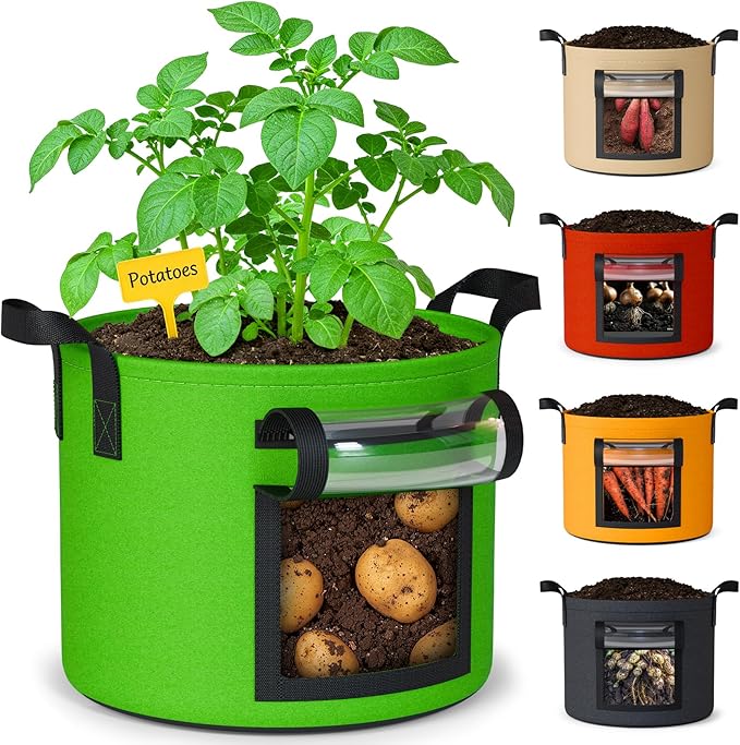 15 Gallon Potato Grow Bags: Set of 5 Colorful Gardening Supplies Fabric Pots with Harvest Window Reinforced Handles - Planting Container for Vegetable Tomatoes Carrot Flowers Balcony Patio Use NESSTU