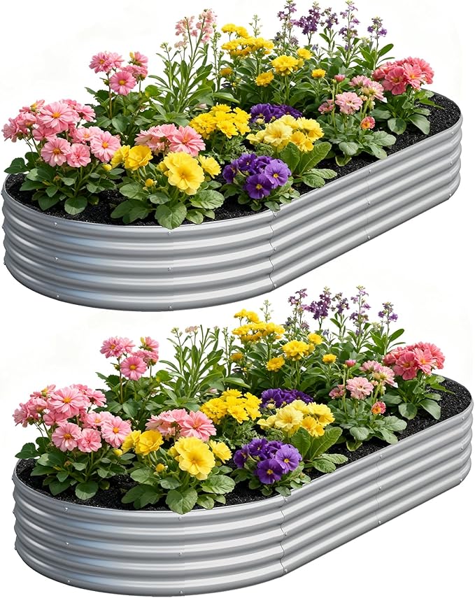 zizin 2 Pack Oval Galvanized Raised Garden Bed Kit 8x4x1ft Large Metal Planter Box for Outdoor Vegetables, Silver zizin