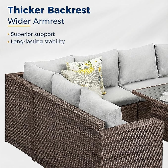 Wisteria Lane 7 Piece Patio Furniture Set, Wicker Patio Sectional with Wide Armrest, All Weather Outdoor Dining Set, Outdoor Furniture Patio Conversation Set with Ottoman, Grey WisteriaLane
