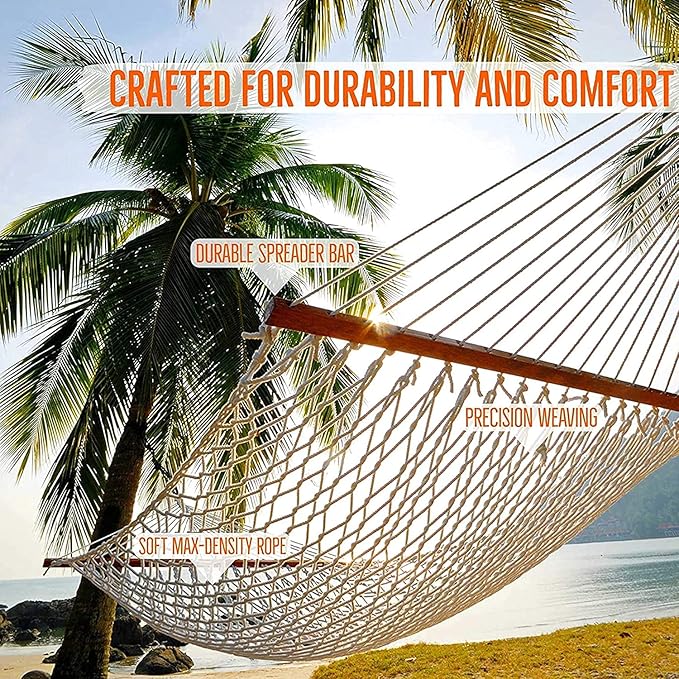 Castaway Living 13 ft. Double Traditional Hand Woven Oatmeal Polyester Rope Hammock – 2-Person, 450 lb Capacity, Free Extension Chains & Tree Hooks, Designed in The USA CastawayLiving