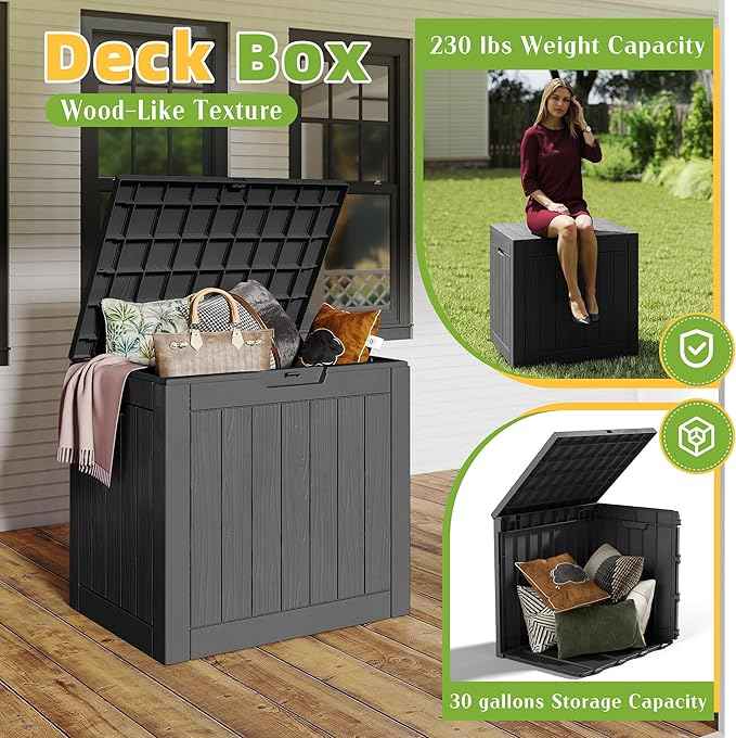 30 Gallon Outdoor Storage Box, Large Resin Deck Box for Patio Cushions, Garden Tools, Pool Accessories, Waterproof and Lockable Design, Storage Bench for Backyard & Deck(Black)
