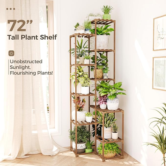 Bamworld 72" Tall Plant Shelf Indoor Outdoor Corner Plant Stand Large Plant Table Wood Plant Holder for 10 Pots Multiple Plants Patio Balcony Garden Office Home Decor Bamworld
