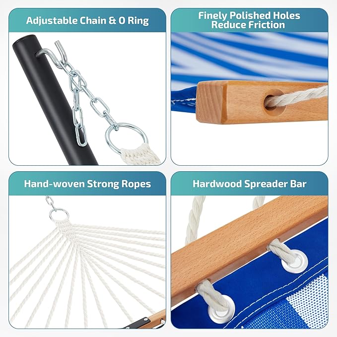Two Person Hammock with Stand for Outside Heavy Duty, Outdoor Patio Hammock with Portable Steel Stand, Large Double Hammocks with Quick Dry Textilene Fabric,480lbs Capacity.(Blue White) HomgavaLiveWhatYouLove