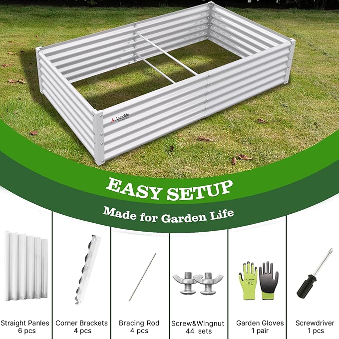 A ANLEOLIFE 6X3X1.5 ft Galvanized Raised Garden Beds Outdoor, Rectangular Metal Planter Box for Planting Vegetables Flowers Herb, Anti-Rust & Easy-Setup, Antique White AAnleolife