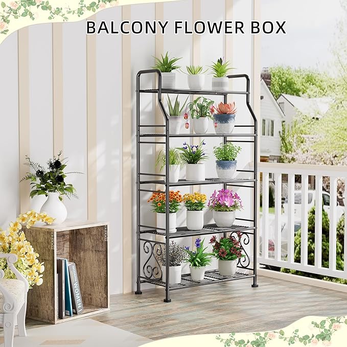 GIOTORENT Plant Stand Outdoor Indoor 5 Tier Metal Waterproof - 53.2" Plant Shelf for Patio, Balcony, Living Room, Large Capacity Tiered Plant Rack, Black GIOTORENT