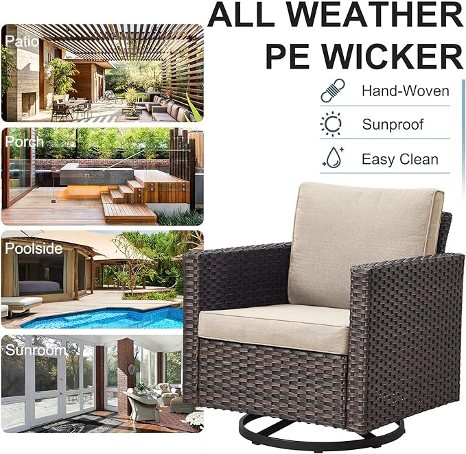 Belord Outdoor Bistro Set 3 Piece Wicker Swivel Rocker Patio Chairs, Oversize Outdoor Rattan Seating Set, Patio Swivel Glider Chairs Wicker Furniture with Metal Side Table for Porch Backyard, Brown Belord