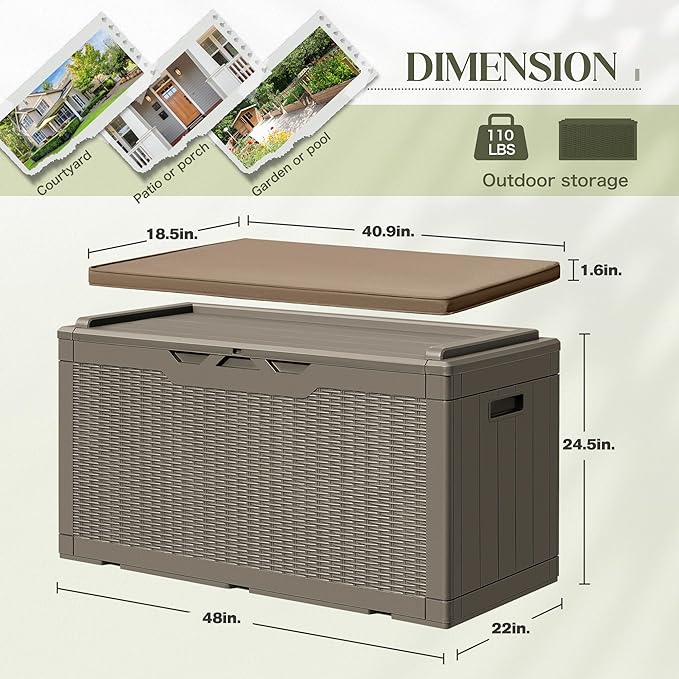 Greesum 100 Gallon Resin Deck Box Large Outdoor Storage with Cushions for Patio Furniture, Garden Tools, Pool Supplies, Weatherproof and UV Resistant, Lockable, Coffee BuynowfromGreesum