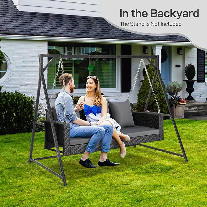 Outvita Porch Swing, 5FT Hanging Outdoor Porch Swings for Adults, Wicker 3 Person Patio Swing, with Cushion, Pillow and Chain for Garden, Backyard, Weight Capacity - 1000lbs Outvita