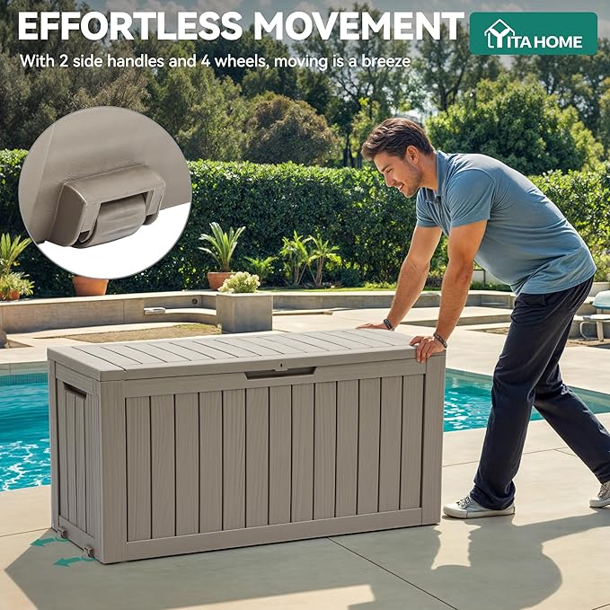 YITAHOME 72 Gallon Outdoor Resin Deck Box with Wheels, Pool Storage Box for Outdoor Cushions, Sports Equipment, Garden Tools, Light Brown YITAHOME