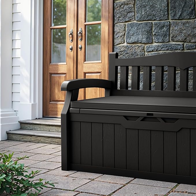 Devoko 80 Gallon Storage Bench with Cushion, Lockable Deck Box for Patio Furniture, Garden Decor and Outdoor Seating for Cushions, Garden Tools and Pool Supplies (Black, 80 Gallon with Cushion) DEVOKO