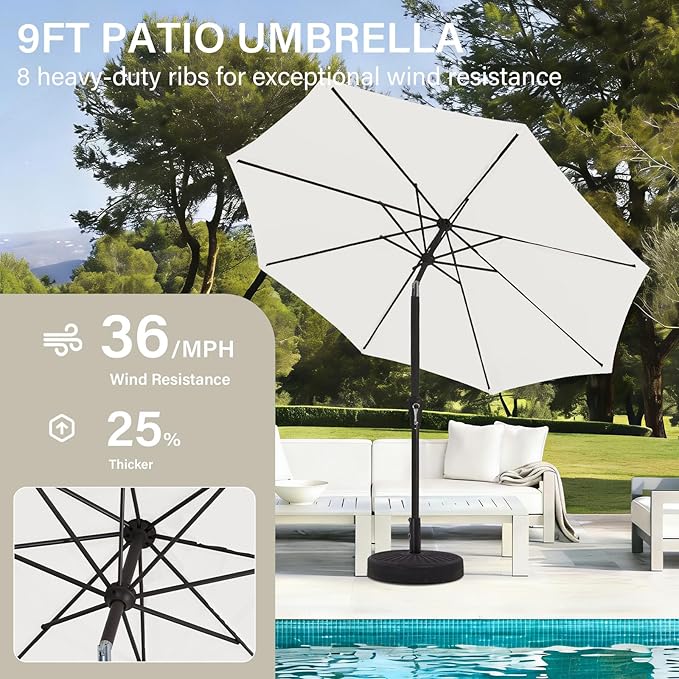 MEWAY 9ft Patio Umbrella Outdoor Table Umbrellas with Push Button Tilt and Crank, Market Umbrella 8 Sturdy Ribs for Deck, Garden, Pool and Backyard, Off-white MEWAY