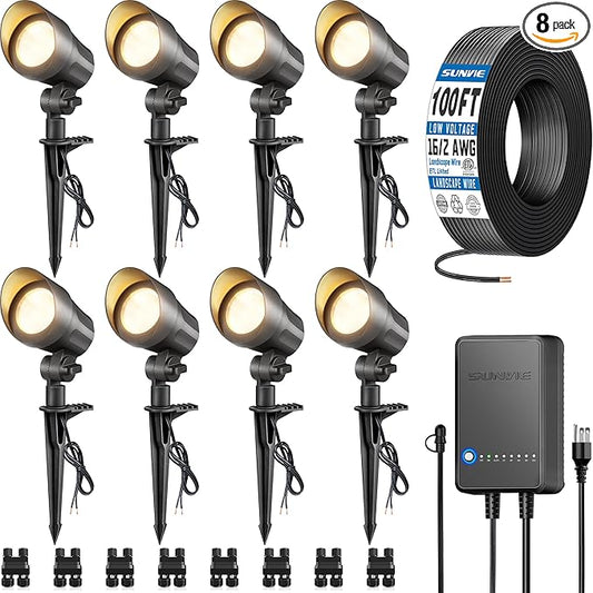 SUNVIE All-in-One Low Voltage Landscape Lighting Kit, 6W Landscape Lights Wired Aluminum 3000K with Transformer 100FT Wire, 12-24V Waterproof Outdoor Spotlight for Garden Yard House Tree, 8 Pack SUNVIE
