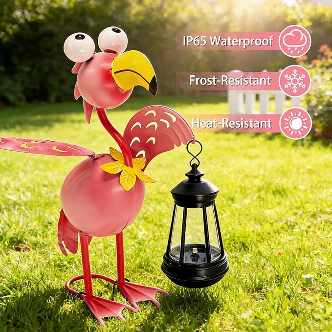 Solar Flamingo Statue with Lights,13in Tall Solar Flamingo Garden Sculptures, Birthday Gift for Woman Grandma Big Metal Decorative for Outdoor Patio Porch Ornaments Lawn Yard Balcony yulloyello