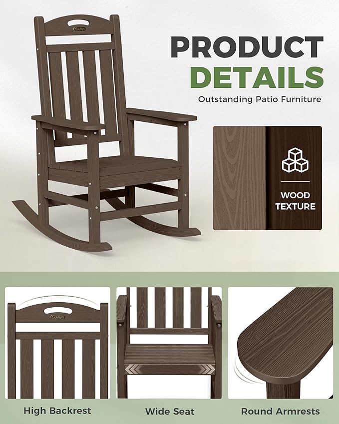 Oversized Outdoor Rocking Chair, HDPE All Weather Resistant Rocking Chairs for Patio, High Back Porch Rocker Chair, 380lbs Weight Capacity, Brown Suunyn