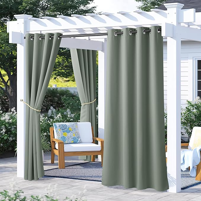NICETOWN 2 Panels Sage Green Blackout Outdoor Curtains for Patio Waterproof, Rustproof Grommet Room Darkening Thermal Insulated Window Treatments for Front Porch & Canvas, W52 x L72 NICETOWN