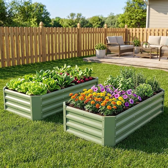 INNO STAGE 2 Pcs 4×2×1ft Galvanized Raised Garden Bed Kit, Galvanized Planter Raised Garden Boxes Outdoor, Large Metal Raised Garden Beds for Vegetables, Flowers, Herbs, and Succulents, OliverGreen INNOSTAGE