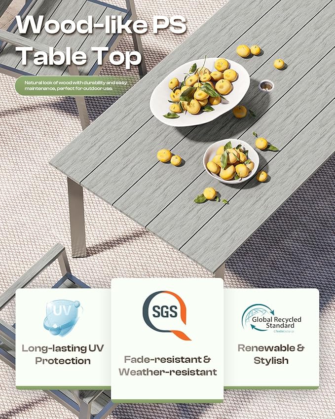 67" Rectangle HDPS Patio Dining Table, Aluminum Outdoor Patio Dining Table with Umbrella Hole, Weather-Resistant for Lawn, Garden, Yard, Poolside and Indoor Use (Gray & Teak) Oasbira