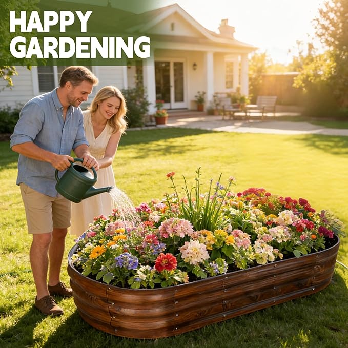 Galvanized Raised Garden Bed Outdoor, Large Raised Bed for Gardening, 6x3x1ft Oval Metal Planter Box for Vegetables, Fruits, Flowers, Dark Brown Wood Grain VivaGarden