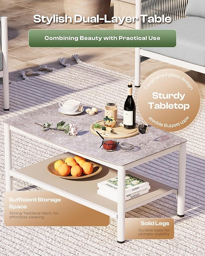 Aluminum Outdoor Patio Furniture Set with Dual-Layer Coffee Table, 4 Piece Modern Patio Conversation Sets with PE Rope, Outdoor Sectional Sofa with Thick Cushions for Balcony, Deck, White Oasbira