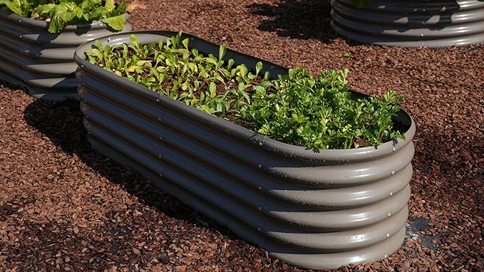 A ANLEOLIFE Set of 14 18 Inch Tall Raised Garden Beds Kit, Heart-Shaped, Long Oval & Round Metal Planters – Ideal for Creative Garden Layouts, Quartz Grey AAnleolife