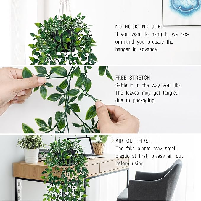 Waipfaru 2Pcs Fake Hanging Plants with Pot Deep Green Eucalyptus Leaves UV Resistant Fake Vines Ivy Artificial Plants Outdoor Faux Plants Indoor Bedroom Living Room Boho Wall Porch Shelf Decor Waipfaru
