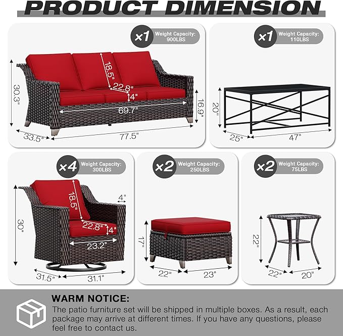 Joyside Wicker Patio Furniture Sets, 10 Pieces Upgraded Large Size Outdoor Furniture with 4 Swivel Rocking Patio Chairs, 3-Seat Sofa, Outdoor Ottoman, Thick Cushions, Wide Armrest, Red Joyside