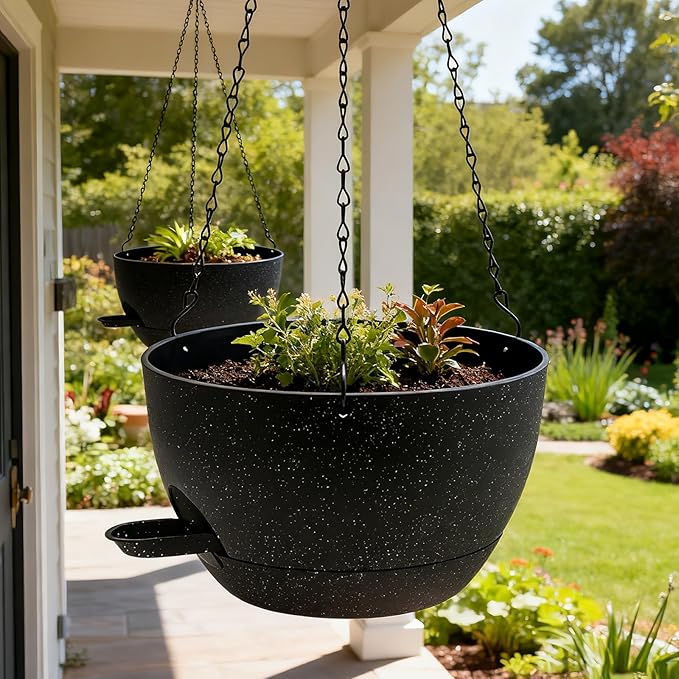 WOUSIWER Self Watering Hanging Planters, 2 Pack 10'' Plastic Pots with Drainage Holes & Reservoir Tray (Speckled Black) | Indoor & Outdoor Use for Ferns, Ivy, Herbs, Succulents WOUSIWER