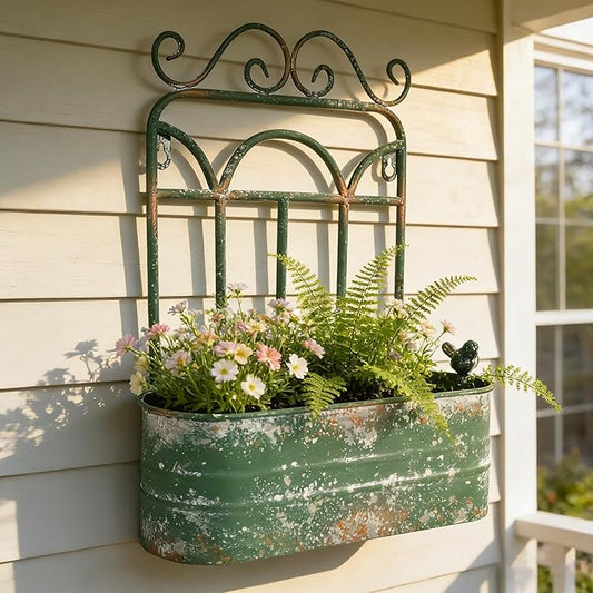 Rustic Metal Wall Planter Vintage Wall Mounted Flower Pot Distressed Wall Hanging Plant Basket Farmhouse Wall Decor for Indoor Outdoor Garden Home Yard (Green) Rootora