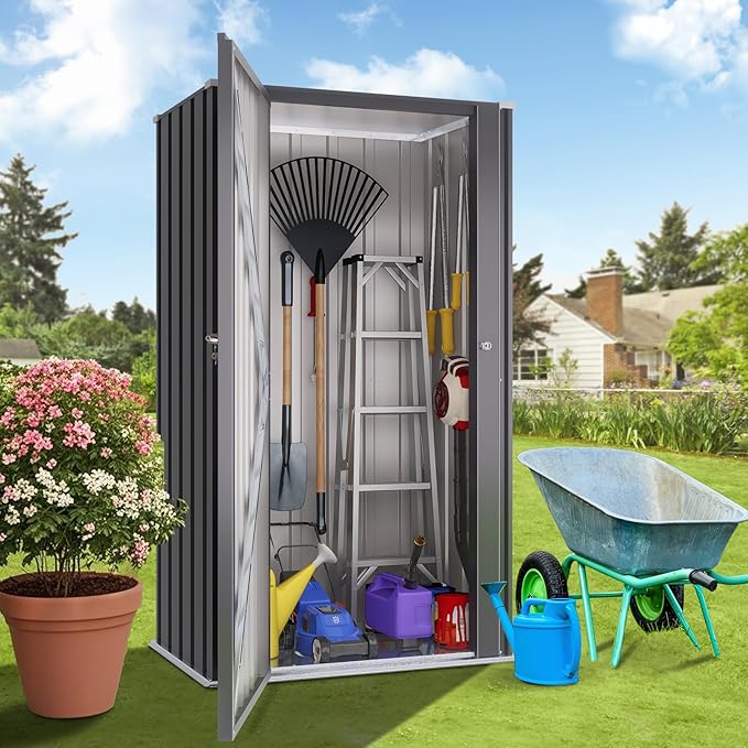 Greesum Outdoor Metal Storage Cabinet, 55'' Lockable Tall Shed, Vertical Tool Organizer Without Shelves for Garage, Patio, Backyard, Home & Lawn, Black BuynowfromGreesum
