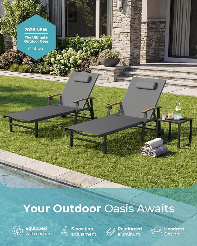Ciokea Outdoor Lounge Chair with Pillow, 5-Position Aluminum Chaise Lounge with Wheels & Armrests, 400 lbs Heavy Duty Patio Pool Chair for Deck, Backyard, Beach & Poolside, Grey CIOKEA