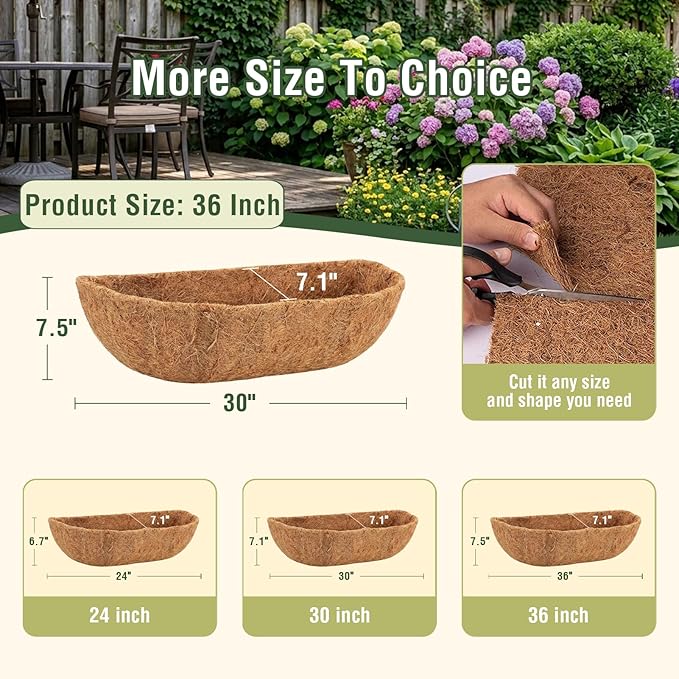 2 Pcs 36 Inch Trough Coco Liner for Window Box, 100% Natural Half Moon Coconut Coir Planter, Replaceable Coconut Fiber Liner for Window Boxes & Fence Flower Baskets (2, 36 inch) Rootora