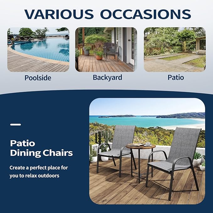 PIZZELLO Patio Chairs Set of 8 - Outdoor Stackable Dining Chairs for All Weather - Lightweight Textilene Outdoor Chair Sets with Armrests - 330Lbs Capacity - for Backyard Garden Porch Poolside (Grey) PIZZELLO