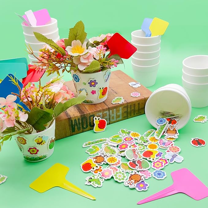 Cinrobiye 30 Set Garden Paper Pot Craft Kit，DIY Flower Plant Crafts with 216 Foam Stickers Watercolor Pens Plastic Plant Tags for Spring Summer Gardening Art Project Classroom Party Activities (Big) Cinrobiye