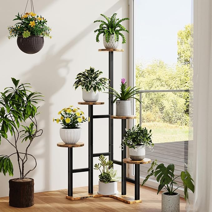 Corner Plant Stand Indoor, 6 Tiered Corner Plant Shelf Flower Stand for Multiple Plants, Plant Shelves Organizer Rack for Living Room, Balcony, Patio, Garden, Round Rustic Brown Yzosvki