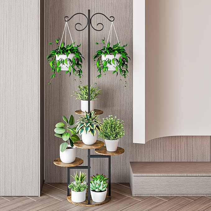 Plant Stand Indoor 5 Tier 8 Potted with hook hanging basket Multiple Flower Pot Holder for Patio Garden Balcony Living Room Corner (5 Tier with hook Black+Rustic Brown) INGIORDAR