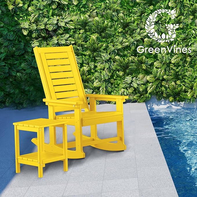 GREENVINES Outdoor Rocking Chair Set | 3-Piece | 2 Rocking Chairs with 1 Side Table | Porch Rocker | HDPE Plastic | Yellow | Patio Furniture Sets | High Back | Big & Tall | Ladder Back GreenVines