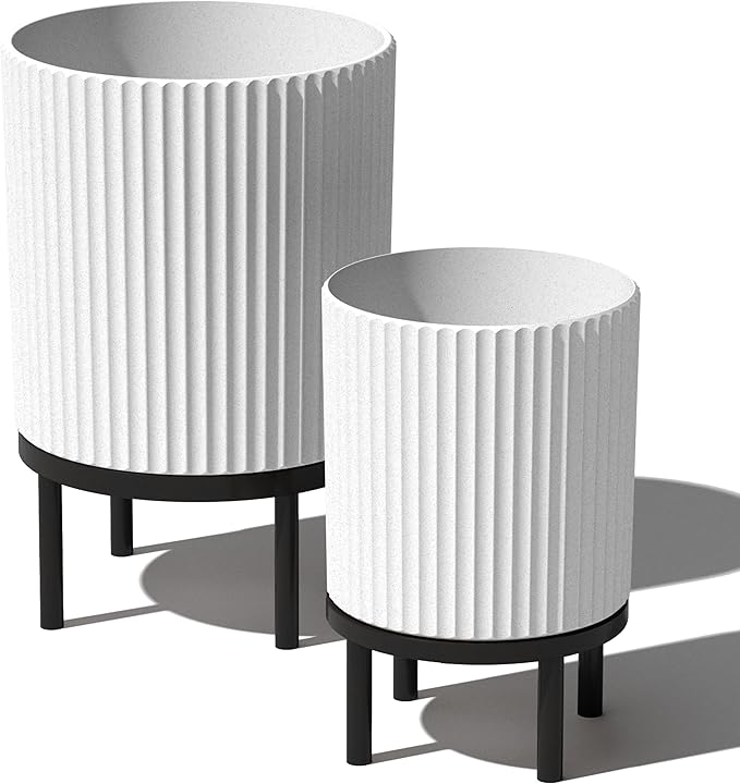 Veradek Demi Series Round Planter w/Stand for Porch/Patio | Durable Plastic-Stone Composite & Wooden Stand | Modern Décor for Tall Plants, Flowers VeradekOutdoor