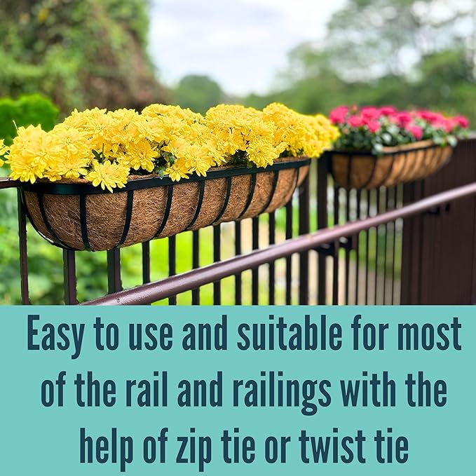 LaLaGreen Deck Railing Planter Boxes for Plants (24 Inch, 2 Pack) Black Metal Wall Planters for Outdoor Plants, Window Flower Box Deck Railings with Coco Liner, Fence Balcony Patio Porch Over Rail L%C3%A1L%C3%A1Green