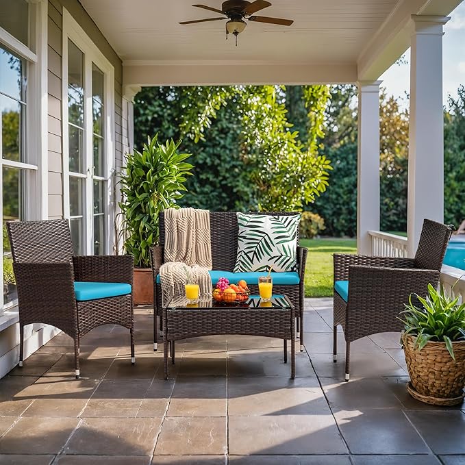 Homall 4 Pieces Patio Rattan Chair Wicker, Outdoor Indoor Use Backyard Porch Garden Poolside Balcony Furniture Sets (Blue) Homall