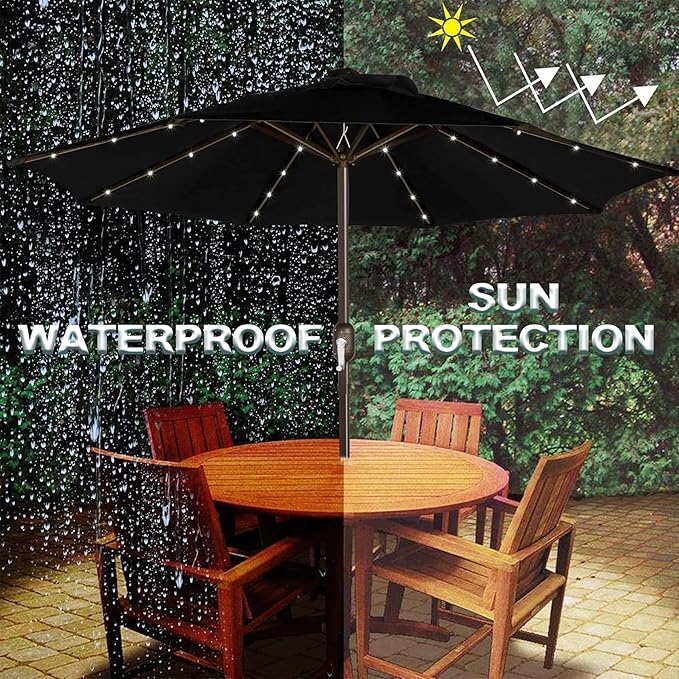 Blissun 9 ft Solar Umbrella, 32 LED Lighted Patio Umbrella, Table Market Umbrella, Outdoor Umbrella for Garden, Deck, Backyard, Pool and Beach (Black) Blissun