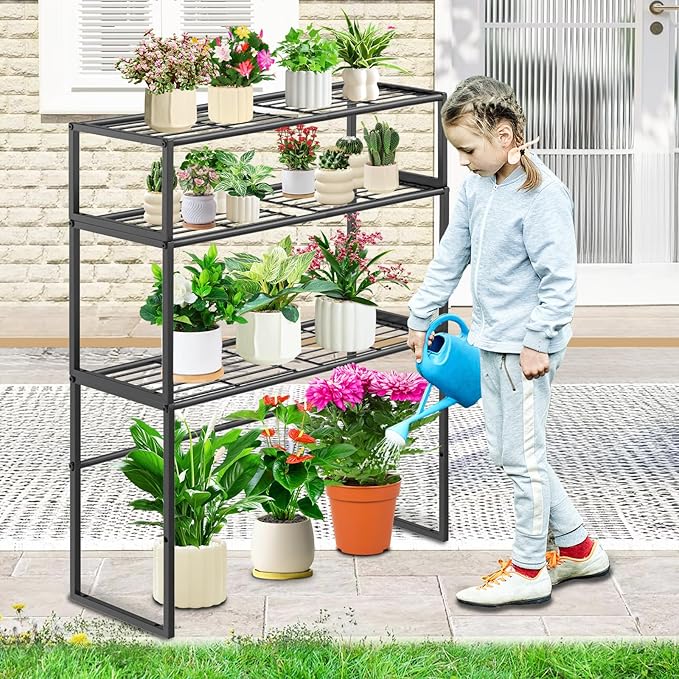 Metal Plant Stand Indoor Outdoor, 3 Tier Potted Multiple Flower Pot Holder Rack Plant Shelf, Heavy Duty Planter Display Shelving for Patio Balcony Garden Living Room Decorative (Black-3 Tier) Gouisalin